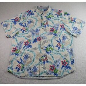 Tommy Bahama Shirt Mens XL Hawaiian Floral Island Zone Silk Blend Button Up Blue